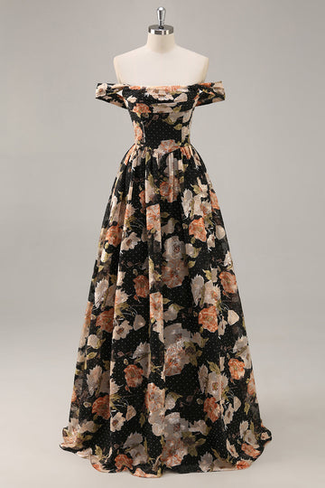 Vestido largo de dama de honor fruncido floral negro brillante con abalorios